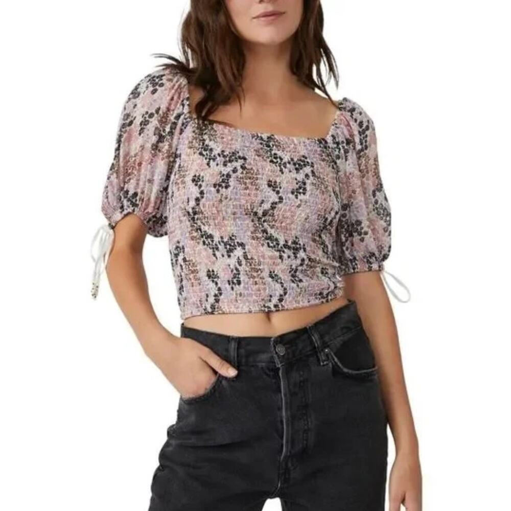 Free People Smocked Puff Tie Sleeve Floral Print Multicolor Crop Top Large
